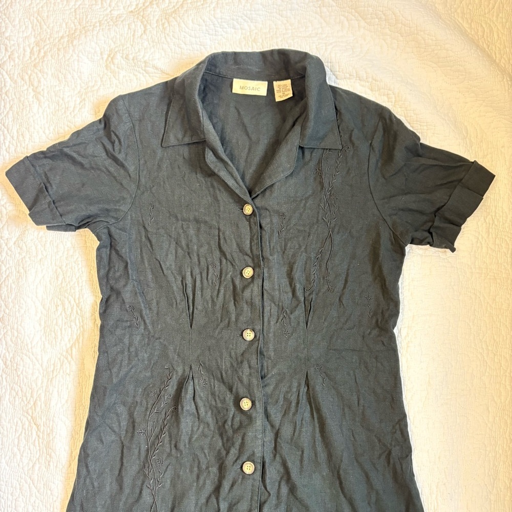 Black Linen Blend Embroidered Button-Front Midi Dress | Mosaic | Size 10